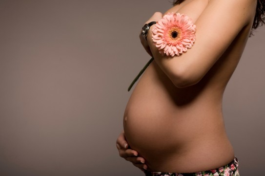 Pregnant woman holding her belly and a flower over dark background